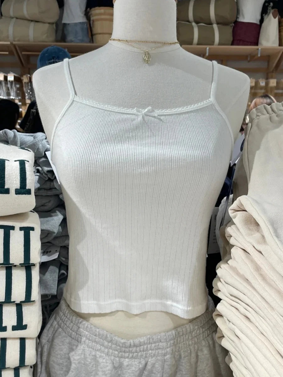 Sweet Pink Eyelet Bow Tank Tops Women Summer Casual Cotton Slim Lace Trim Sleeveless Vests Cute Preppy Style Camisole Y2K Top