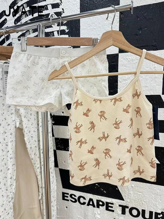New Cute Little Deer Print Camisole Women Summer Cotton O-neck Simple Casual Slim Cropp Vests Sweet Vintage Chic Tank Tops Y2K