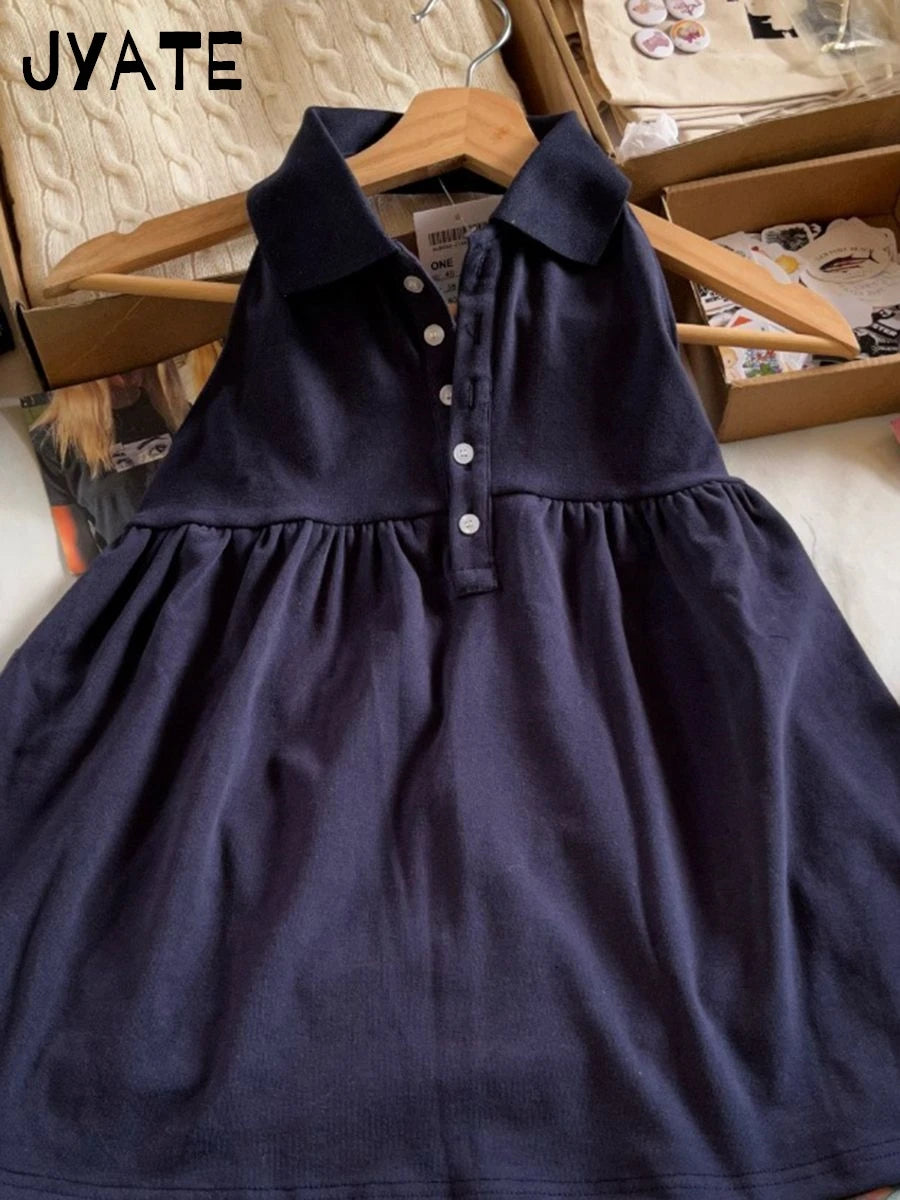 American Sexy Backless Navy Tank Tops Women Summer Bottons Cotton Halter Sleeveless Vests Vintage Preppy Style Y2K Camisole New