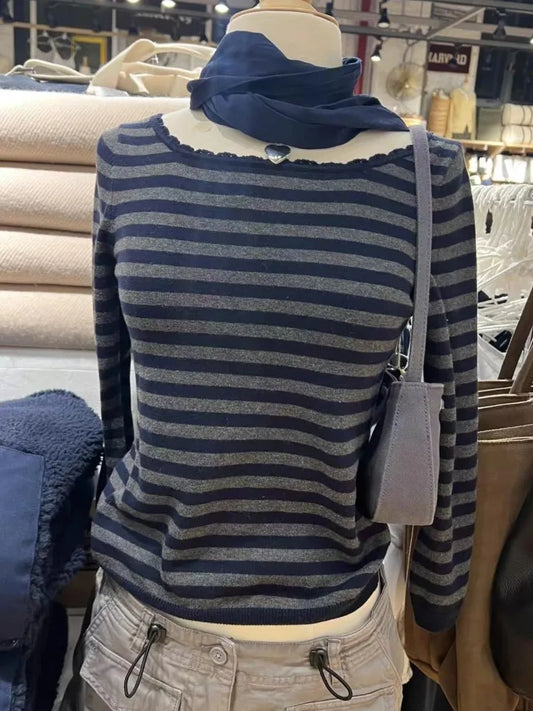 Striped Lace Trim Scoop Neck T-shirts Woman Spring Cotton Slim Navy Three Quarter Sleeve Crop Top Vintage Knitted Tee Shirts
