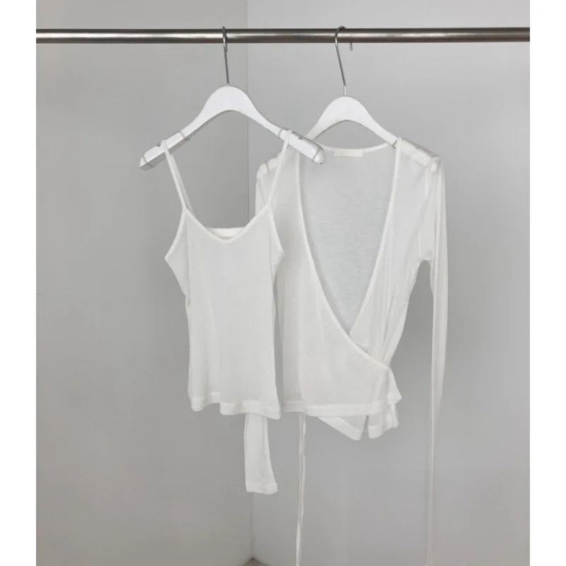 New Sexy Thin Slightly Transparent Two-piece Suit for Women Casual Slim Long Sleeve Cardigan + Suspenders Vintage Sweet Chic Top