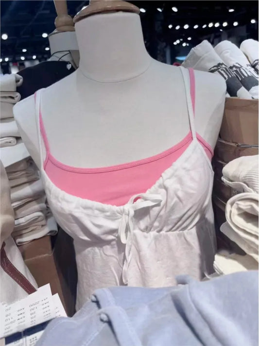 Cute Pink Slim Crop Top Women Summer Simple Cotton Basic Tank Tops Casual Preppy Style Sweet All-match Cropped Camisole
