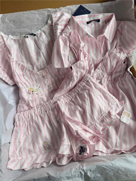 Pink Striped Silver Line Blouse Sets Women Lace Trim Casual Camisole+Drawstring Short Pants Sweet Cute Home Outfits Collection
