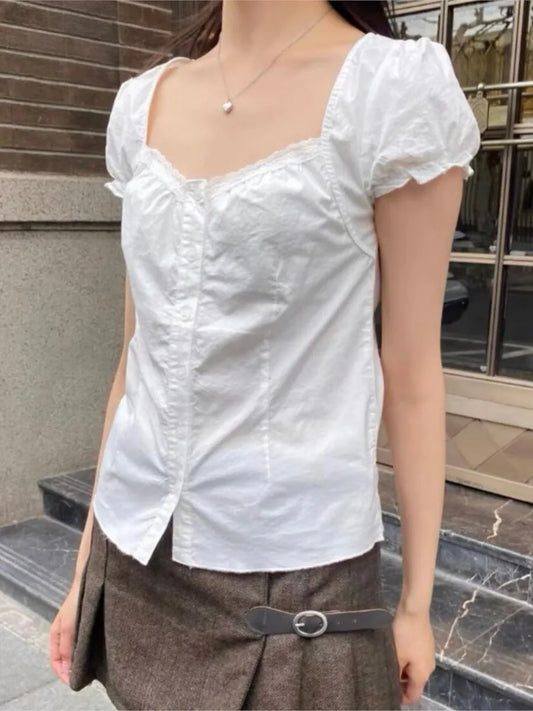 White Lace Trim Buttons Short Sleeve Tee Women Cotton Casual Turn Down Collar Preppy Style Tops Sweet Vintage Chic Cute T-shirts