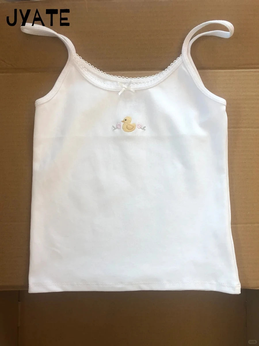 Litter Bear Embroidery Bow Camisole Women New Lace Trim Cotton Casual Slim Sleeveless Vests Sweet Cute Harajuku Tank Tops Y2K