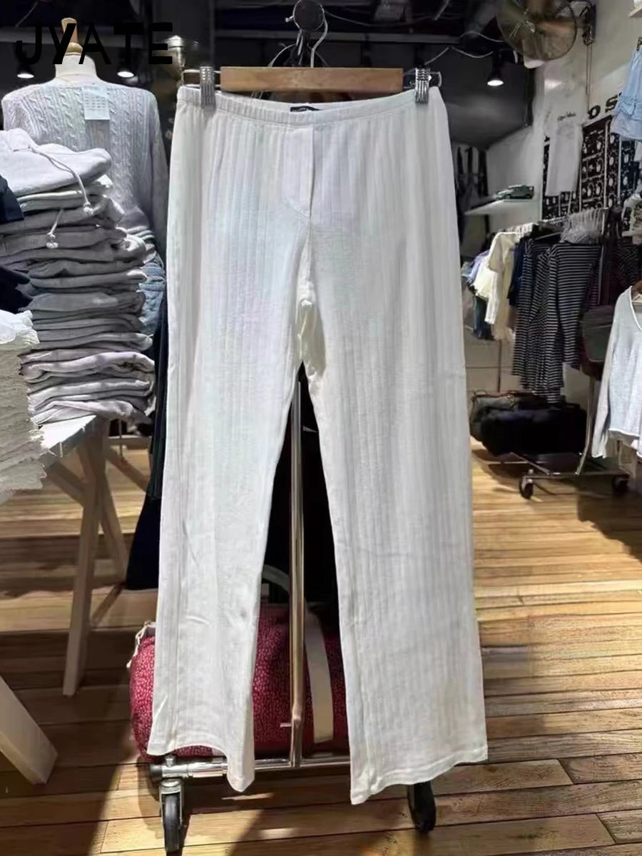 White Eyelet Straight Long Pants Women 2024 New Cotton Soft Casual Button High Waist Trousers Sweet Cute Vintage Pajama Pant Y2K