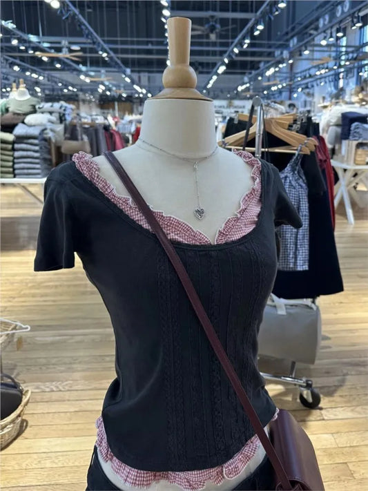 Black Lace Trim Tshirt Women Summer Simple Cotton Slim Crew Neck Short Sleeve Cropped Tees Vintage Streetwear Chic T-shirts Y2K