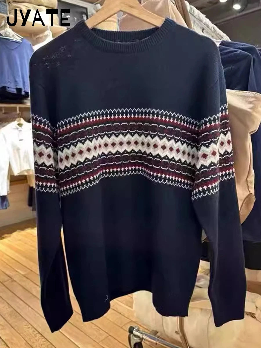 Fashion American Geometric Patchwork Knitted Pullover Tops Women Cotton Warm Loose Casual Jumper Vintage Chic Y2K Sweaters New