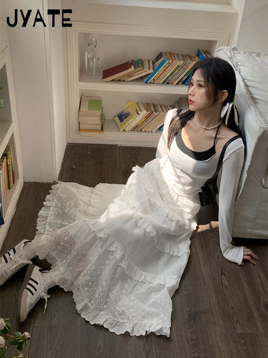 Sweet Floral Embroidery Ruffle Long Skirts Women New Casual Elastic High Waist A-line Falda Vintage Chic Preppy Style Maxi Skirt