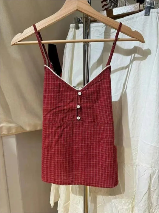 Red Plaid Buttons V-neck Camis Women Summer Casual Lace Trim Slim Simple Sleeveless Vests Vintage Sweet Preppy Style Tank Tops