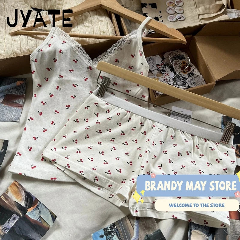 Cherry Print Patchwork Eyelet Camisole Women New Cotton Soft Casual Slim Sleeveless Cropped Vests Vintage Sweet Cute Tank Tops
