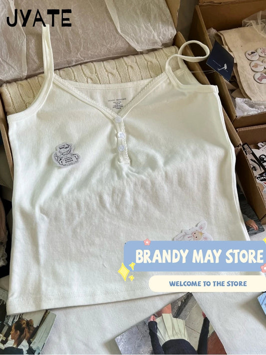 Basic White Lace Trim V-neck Tank Tops Women Summer New Cotton Casual Buttons Sleeveless Vests Vintage Chic Sweet Camisole Y2K