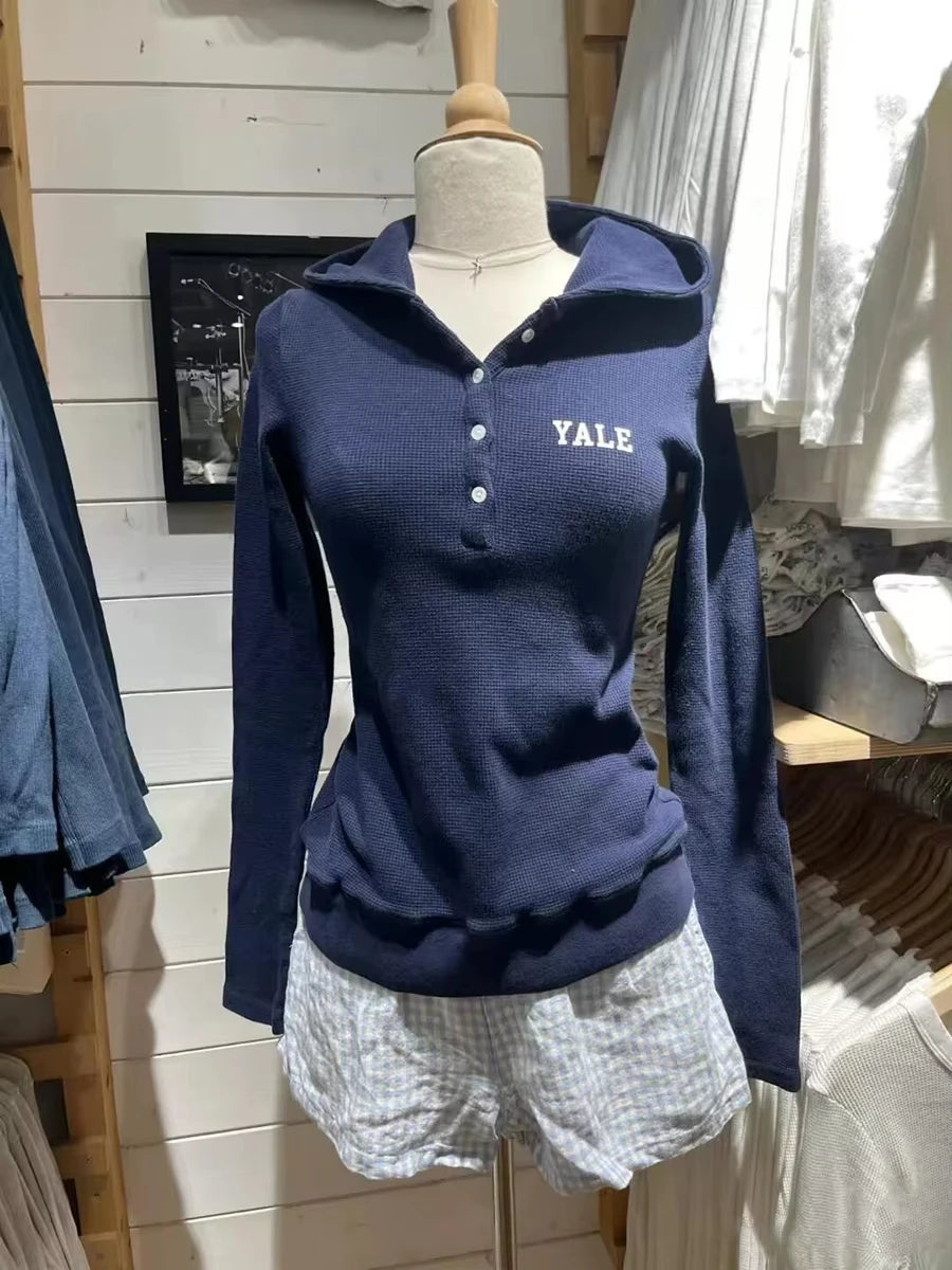 Waffle Hooded T-shirt Women Spring Streetwear Buttons Cotton Long Sleeve Slim Tee Shirts Vintage Preppy Style Tops Y2k