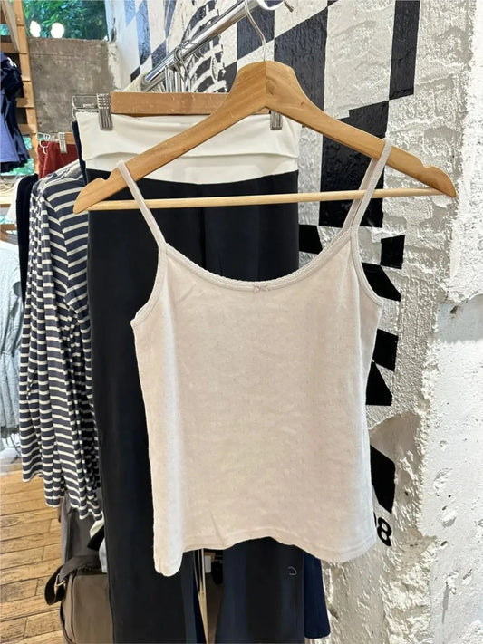 Pink Sweet Eyelet Cotton Camisole Women Summer New Casual Sleeveless Lace Trim Bow Cute Tank Top Cute All-match Basic Vest Y2K