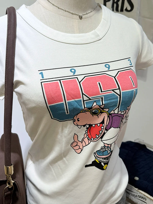 Dinosaur Print Slim T-shirts Women New Cotton Soft Chic O-neck Casual Short Sleeve Tees Harajuku Vintage Cartoon T-shirt Y2K New