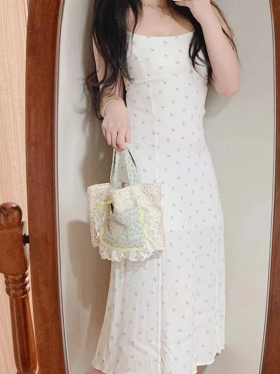 Sweet Floral Print Sexy Backless Camis Dress Women Summer Chiffon High Waist Sleeveless Long Dresses Vintage Cute Y2K Vestidos