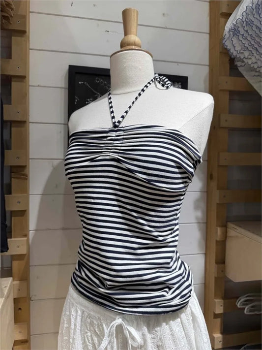 Vintage Striped Drawstring Folds Strapless Tank Tops Women New Summer Cotton Slim All-match Vest Sweet Preppy Style Camisole Y2K