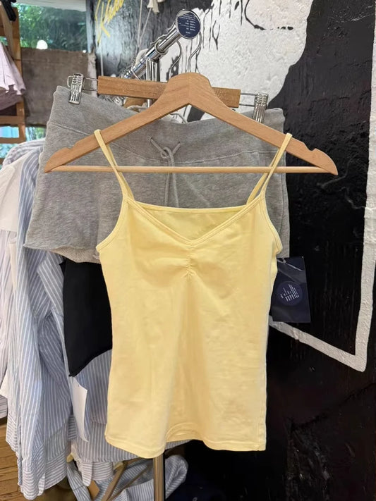 Yellow Folds V-neck Bow Black Tank Tops Women Summer All-match Cotton Sleeveless Slim Camisole Vintage Sweet Cute Crop Top Y2K