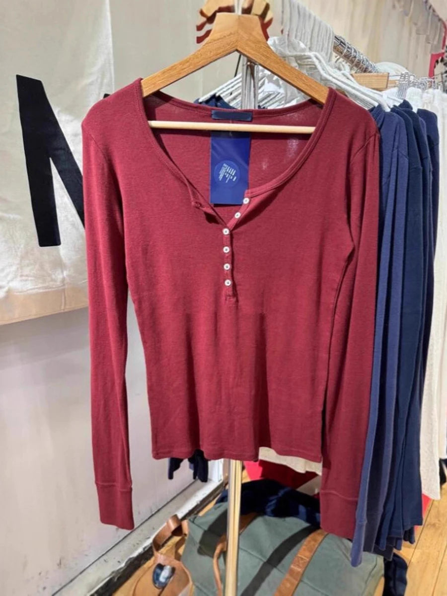 Yellow Ribbed Buttons T-shirt Women Buttons O-Neck Cotton Slim Long Sleeve Tee Cute Vintage Preppy Style Sweet T Shirt Y2K Top