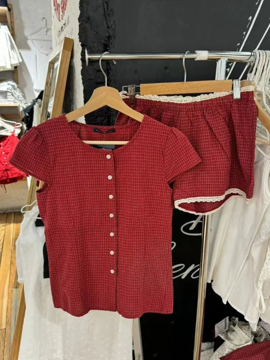 American Retro Red Plaid Blouse Women Summer New Single breasted Short Sleeve Tees Tshirts Sweet Vintage Streetwear Blouses Top