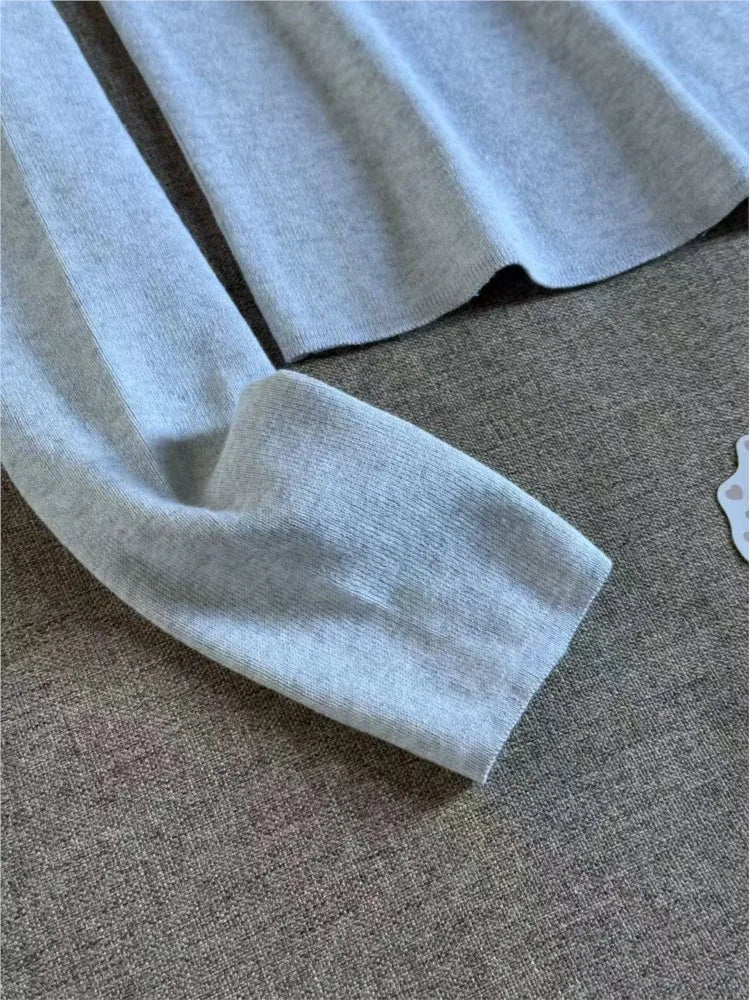 New Gray Crew Collar Long Sleeve T-shirts Women Autumn Twist Knitted Slim New Button Cotton Tees Sweet Cute Casual T Shirt Tops