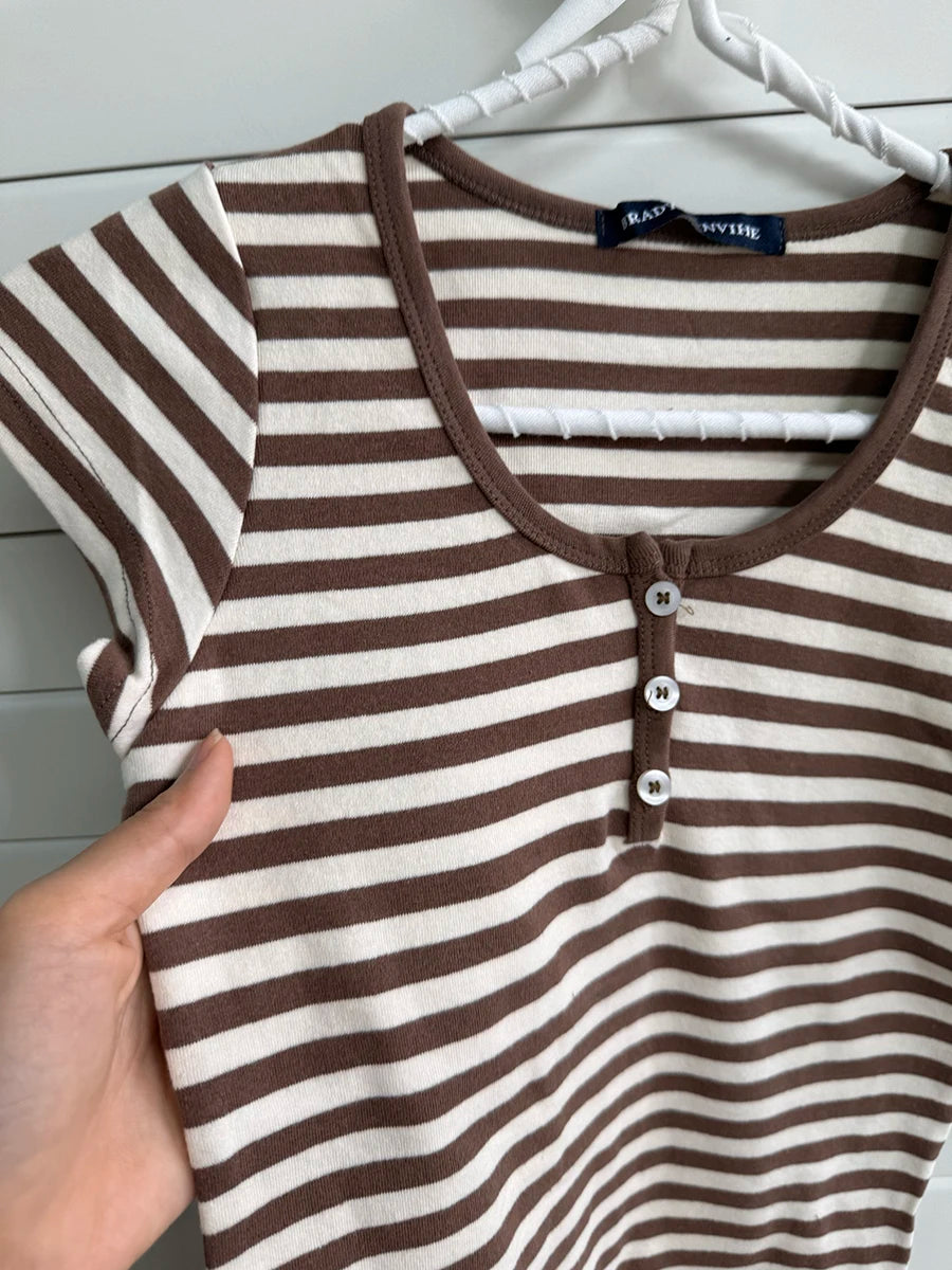 Brown Striped T-shirts Women Spring Casual Preppy Style Cotton Buttons Slim Crop Tops Sweet Cute Vintage tshirt Y2K