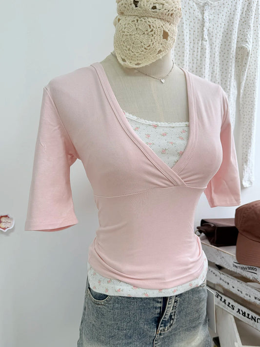 Pink V-neck Slim Crop Tops Women Summer Streetwear Simple Basic Cotton Half Sleeve Tees Sweet Cute Preppy Style T-shirts Y2K