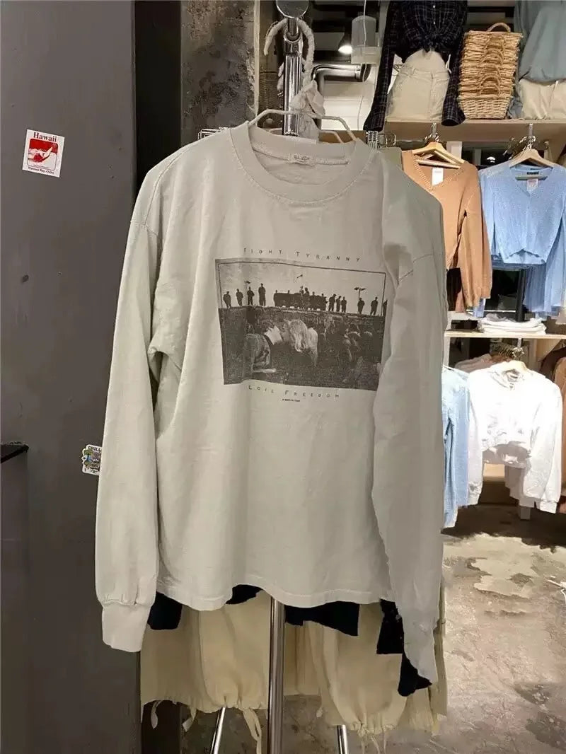 Vintage Letter Print Loose Long Sleeve Tee Women O-neck Cotton Casual Simple Tops Clothes Preppy Style Sweet Chic T-shirts Y2K