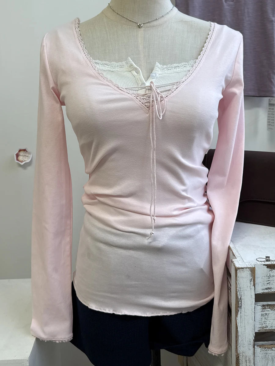Lace Trim Long Sleeve Tees Women Spring Streetwear Cotton Slim V-neck Lace-up Tops Sweet Cute Pink Chic T-shirts