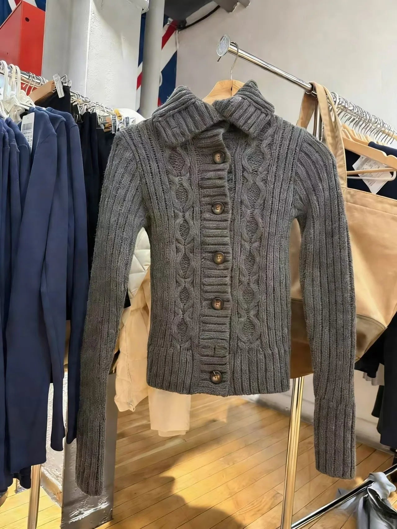 Twisted Flower White Sweater Cardigan Spring Stand Collar Single Breasted Long Sleeve Sweaters Casual Preppy Style Woman's Coat