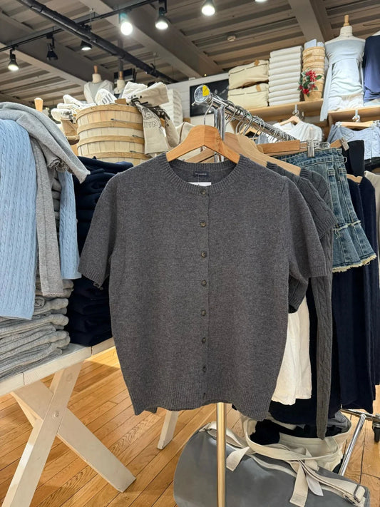 Drak Gray Knitted Short Sleeve Sweater Women Spring Casual Streetwear Single Breasted Jumpers Vintage Chic Preppy Style Cardigan