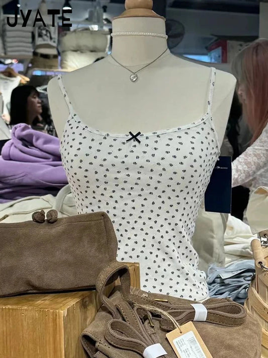 Sweet Floral Print Black Bow Camisole Women Summer New Cotton Casual Simple Preppy Vests Female Vintage Cute Chic Y2K Tank Tops
