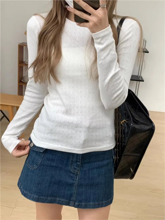 White Hollow Out T-shirts Women Cotton Soft Slim Raw Trim Crew Neck Long Sleeve Tops Clean Girl Vintage Cute Sweet Tees Clothes