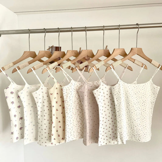 Square Collar Floral Print Camisole Women Summer Simple Streetwear Slim Cotton Sleeveless Vests Sweet Preppy Style Tank Tops