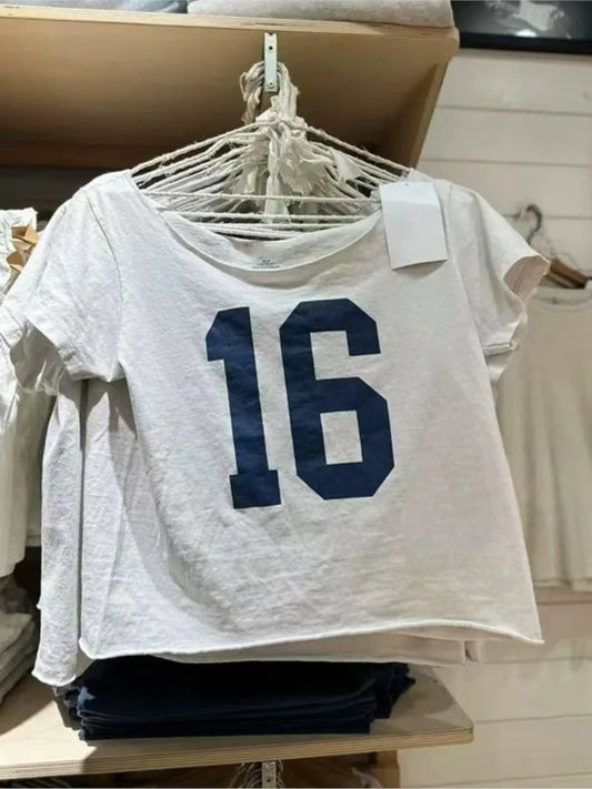 16 Print Raw Hem T-shirts Women Summer New Casual Cotton Gray Slash Neck Short Sleeve Crop Tops Sweet Cute Vintage Tshirt Y2K