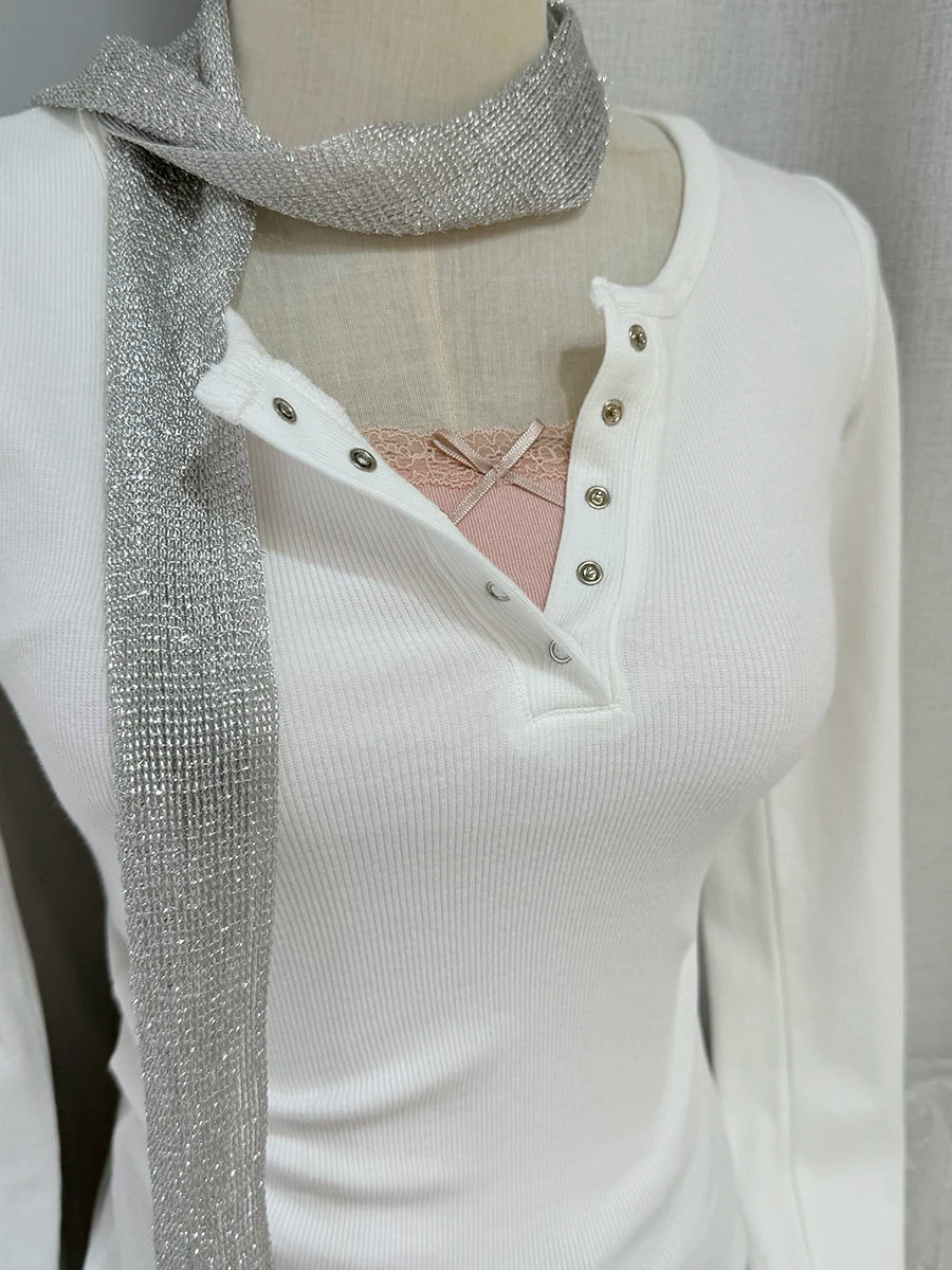 Simple Solid Ribbed Long Sleeve Tees Women Autumn New Cotton O-neck Button Raw Hem Tops Vintage Sweet Basic T-shirts Clothes