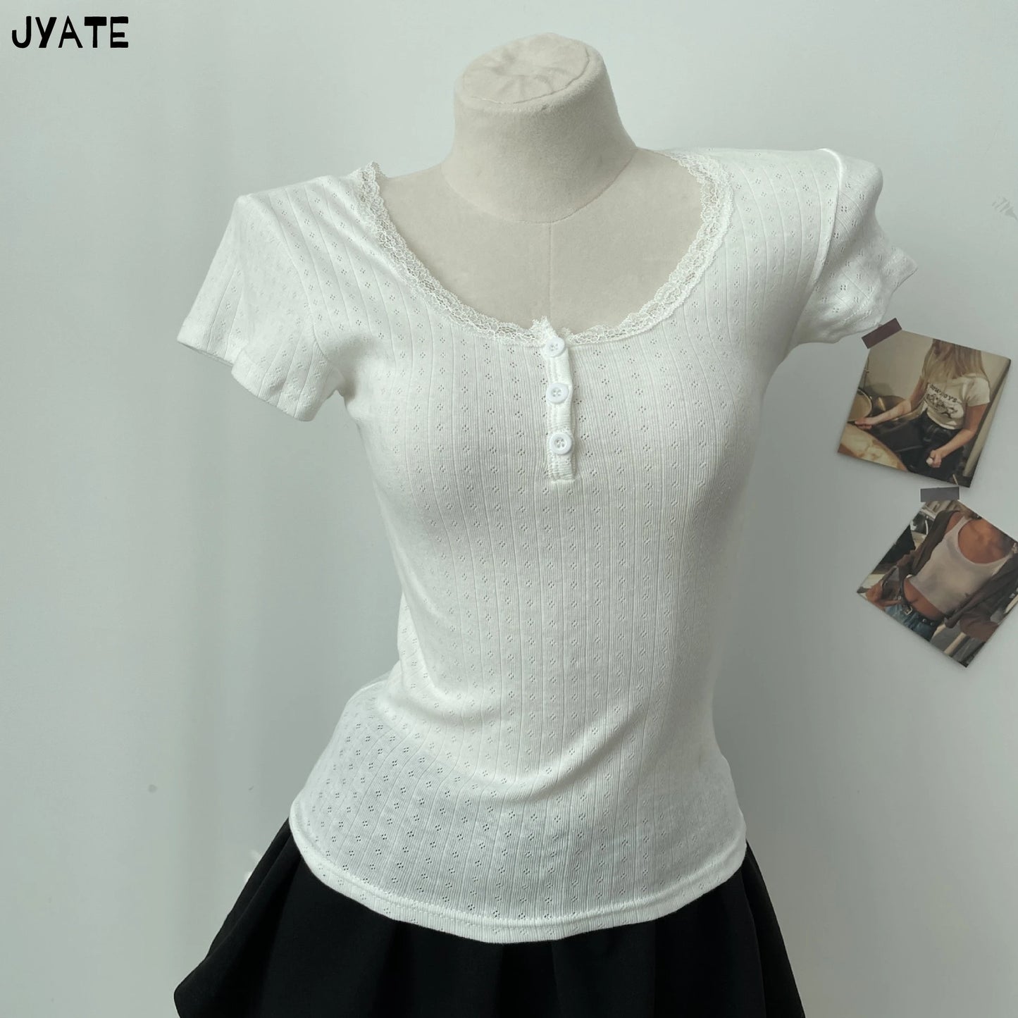 Eyelet Lace Trim Buttons Short Sleeve Tees Women New Casual Slim Streetwear Tops Femme Sweet Vintage Preppy Style T-shirts Y2K
