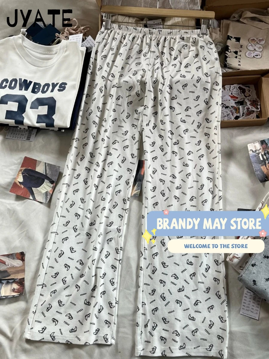 Harajuku Black Skulls Print Waffle Long Pants Women New Casual Elastic High Waist Straight Pant Vintage Preppy Chic Trousers Y2K