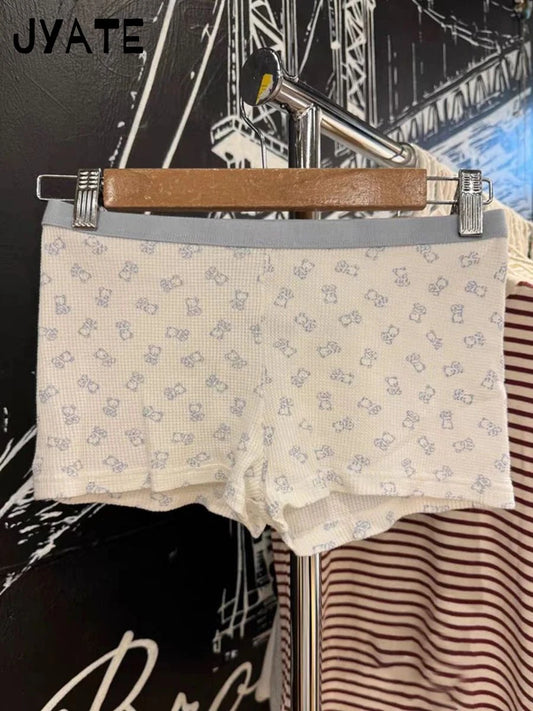 Cute Little Bear Print Waffle Short Pants Women New Elastic Waist Patchwork Slim Home Underwear Sweet Vintage Chic Pajama Shorts