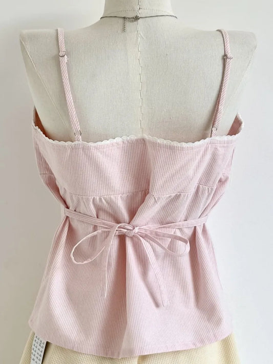 Sweet Pink Striped V-neck Bow Camis Women Summer New Cotton Casual Preppy Style Sleeveless Vests Vintage Chic Cute Tank Tops Y2K