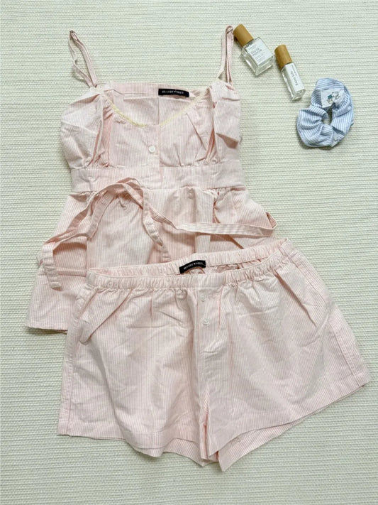 Pink Striped Lace Trim Tank Shorts Set Suit Women New Button Camisole +Elastic Waist Short Pant Sweet Cute Home 2 Piece Sets Y2K