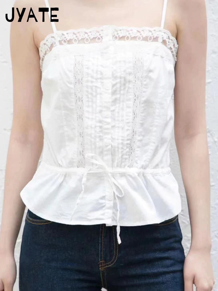 Women's Beige Buttons Strappy Tank Tops Women Summer New Slim Lace Trim Ruffle Cropped Vest Sweet Cute Vintage Chic Camisole Y2K