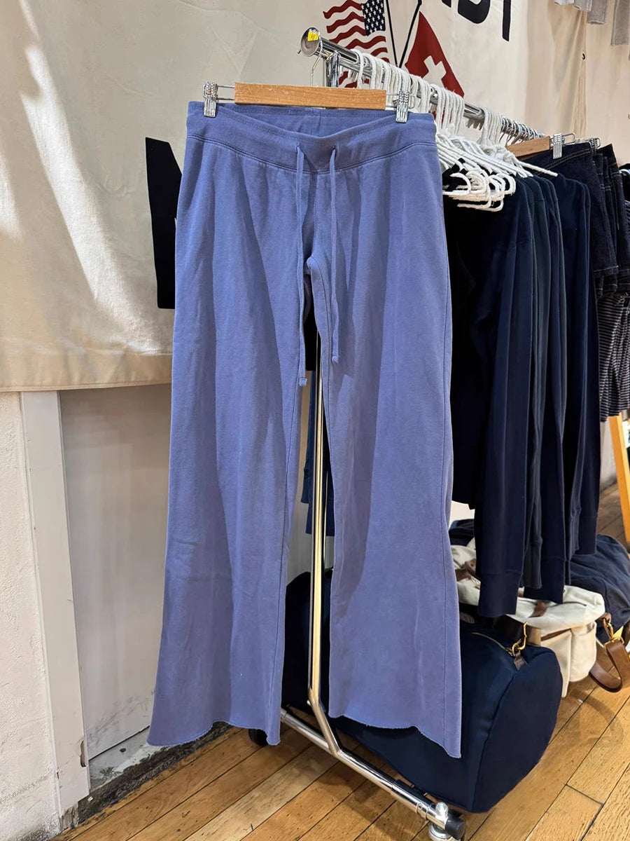 Navy Velvet Drawstring Sweatpants Woman Spring Raw Hem Straight Yoga Long Pants Female Vintage Streetwear Cotton Fleece Trousers
