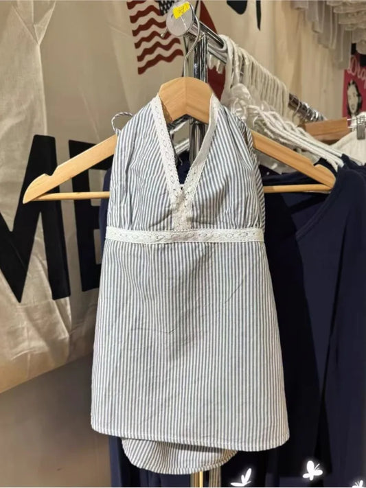 Blue Striped Lace-up Halter Crop Top Woman Summer Cotton Lace Trim Deep V-neck Backless Sleeveless Vests Sweet Chic Camisole New