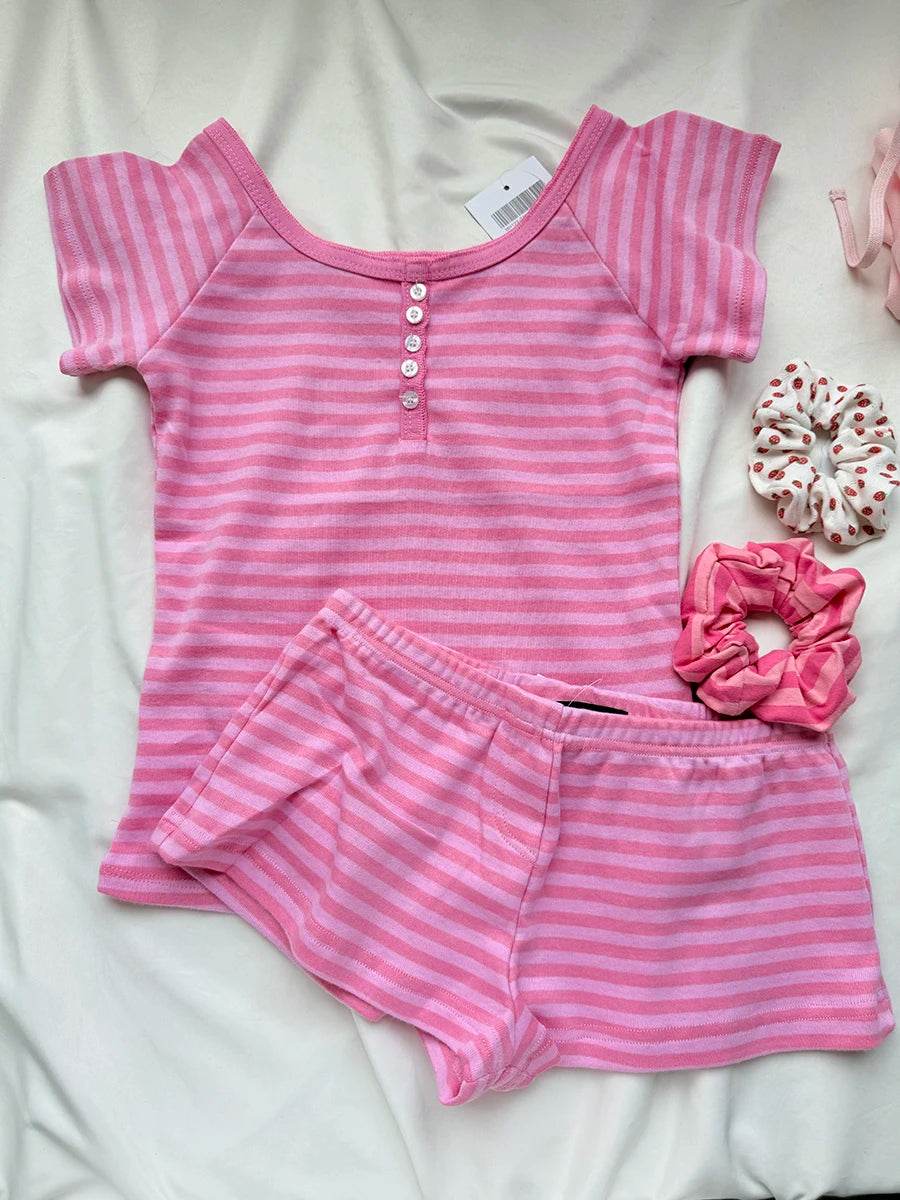 Pink Striped Buttons Long Sleeve T-shirt Shorts Set Women Cotton Home Pajama 2 Piece Sets Slim Tees+Elastic Straight Sweatshort