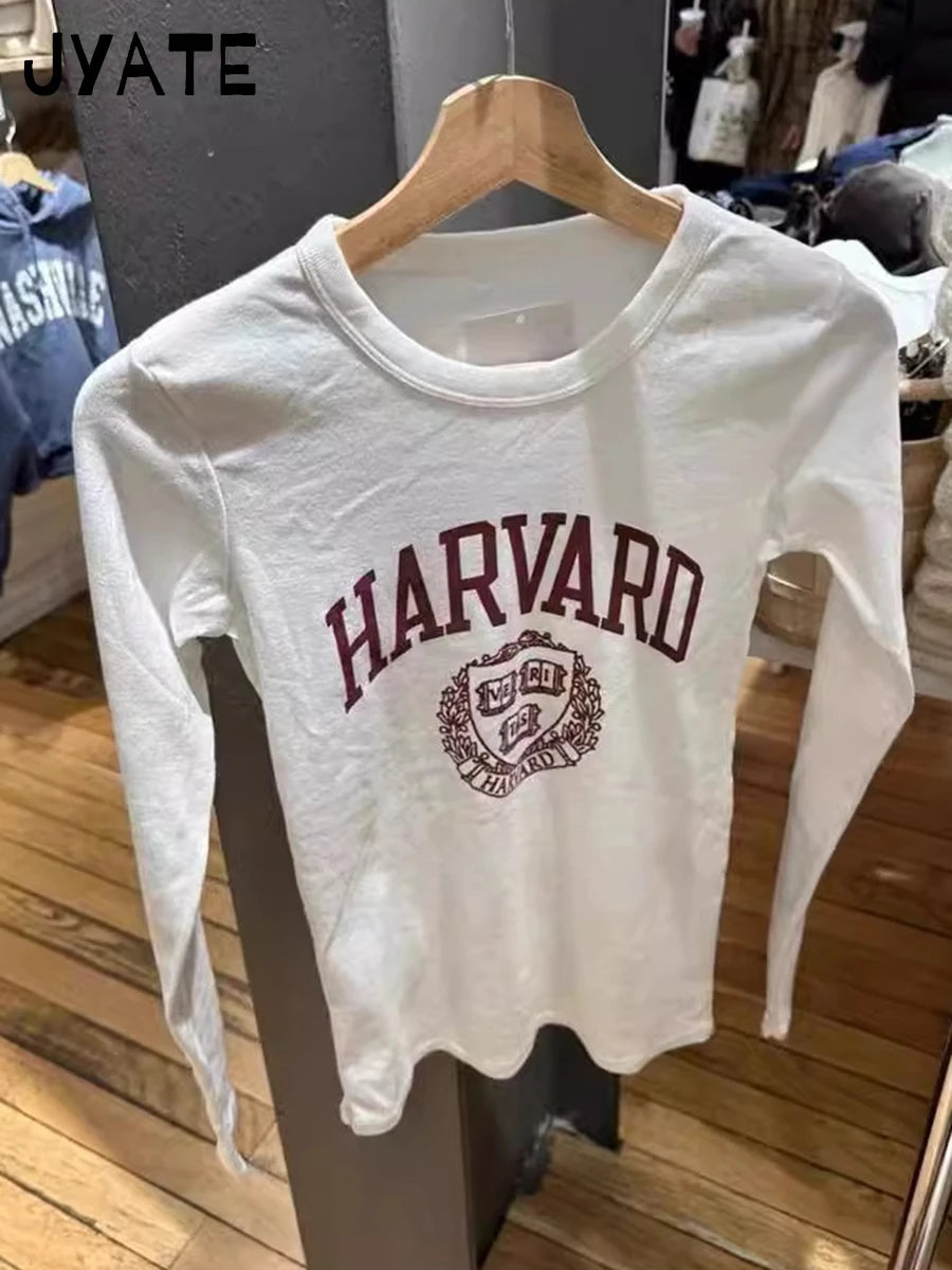 Fashion Letter Print O-neck Long Sleeve Tees Women New Cotton Soft Casual Streetwear Tops Female Sweet Cute Vintage T-shirts Y2K