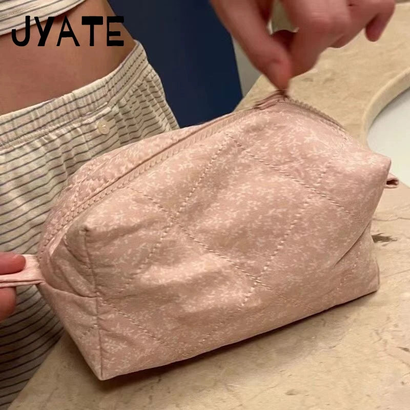 2024 Cute Flower Print Makeup Bag Women Portable Zipper Cosmetic Travel Organizer Girls Sweet Vintage Handbag Toiletry Pouch Y2K