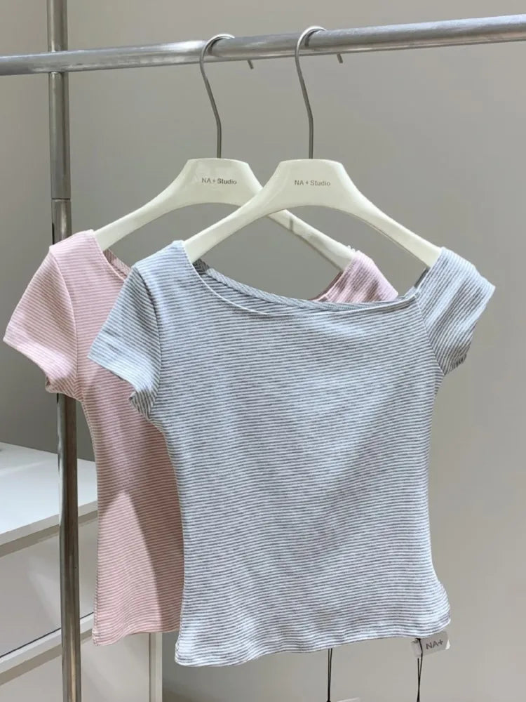 Pink Striped Crop Tops Women Summer Sexy Slash Neck Slim Cotton Short Sleeve Tees Female Chic Sweet Preppy Style T-shirts New