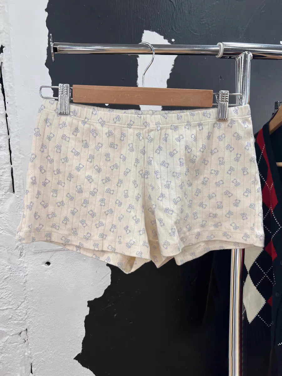 Cute Bear Bow Print Pajama Shorts Women Elastic High Waist Straight Short Pants Summer Sweet Home Underwear New Y2K Sweatshorts