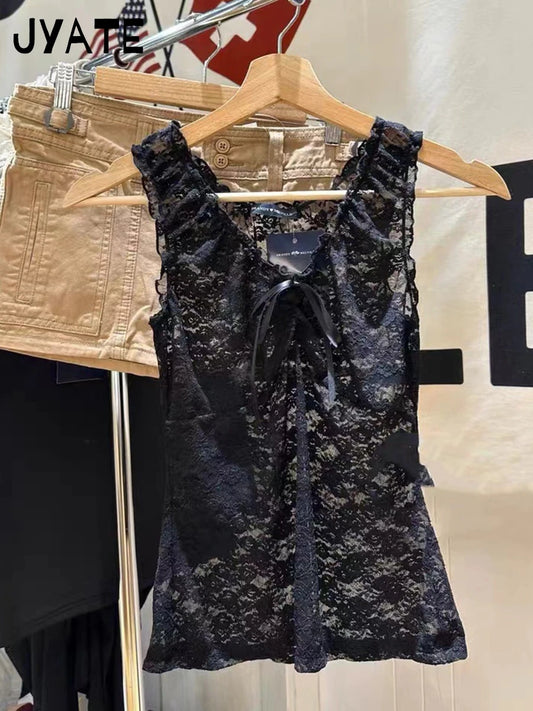 Sexy Lace See Through Bow V-neck Tank Tops Women Summer New Slim Casual Streetwear Black Crop Top Harajuku Chic Y2K Vest Clothes